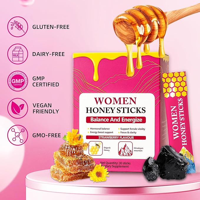 Bloomin Honey Sticks Shilajit for Women Strawberry Honeysticks Natural Energy &amp Vitality Booster with Shatavari &amp Saffron for Hormonal Balance Focus &amp Stamina | 30 Sticks (1)