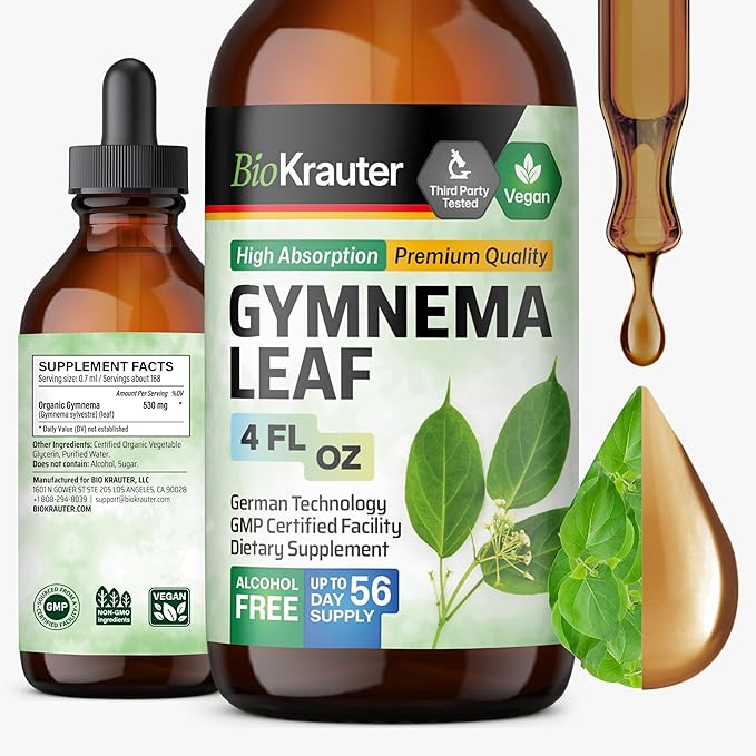 BIO KRAUTER® Gymnema Sylvestre - Liquid Drops Gymnema Sylvestre Extract 530 mg per Serving 4 Fl.Oz 56-Day Supply - Pure &amp Vegan Gurmar for Overall Support &amp Daily Wellness - Alcohol &amp Suga