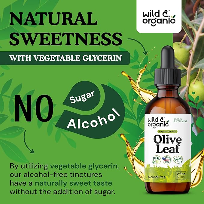 Wild &amp Organic Olive Leaf Extract Liquid Drops - Immune &amp Antioxidant Support - Oleuropein Olive Leaf Supplement - Add to Tea Tincture - Vegan Sugar &amp Alcohol-Free - 2 fl oz