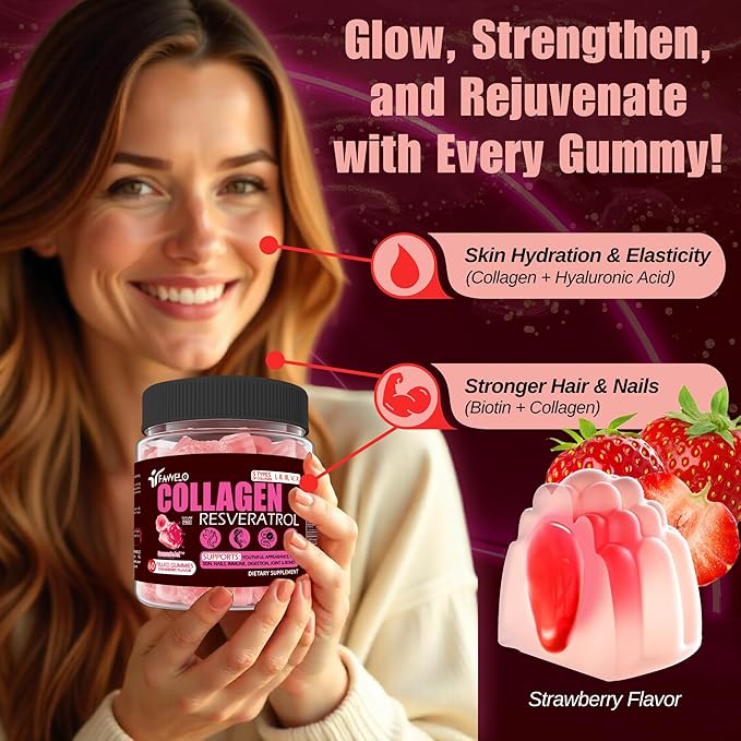 Multi Collagen Gummies Peptides Hydrolyzed Type I II III V X Plus Resveratrol Hyaluronic Acid &amp Biotin Gummies for Hair Skin and Nails Vitamins | Colageno Hidrolizado for Women &amp Men | Sug
