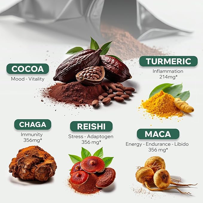 Organic Cocotropic Mushroom Hot Cocoa - Mushroom Coffee Alternative | Sugar Free Hot Chocolate | Organic Cocoa Powder Reishi Mushrooms Chaga Maca Root Turmeric | Delicious Sustained Focus Energy