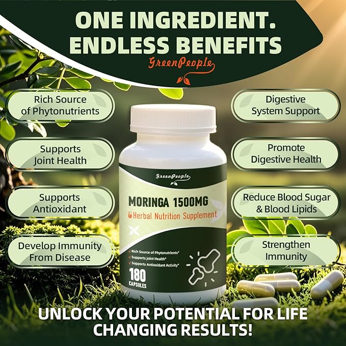 GREENPEOPLE Whole-Leaf Moringa Capsules 1500mg - High Potency 10:1 Moringa Oleifera Leaf Extract - Natural Green Superfood for Energy &amp Immune Support - Vegan Non-GMO Caffeine Free-180 Count-2 P