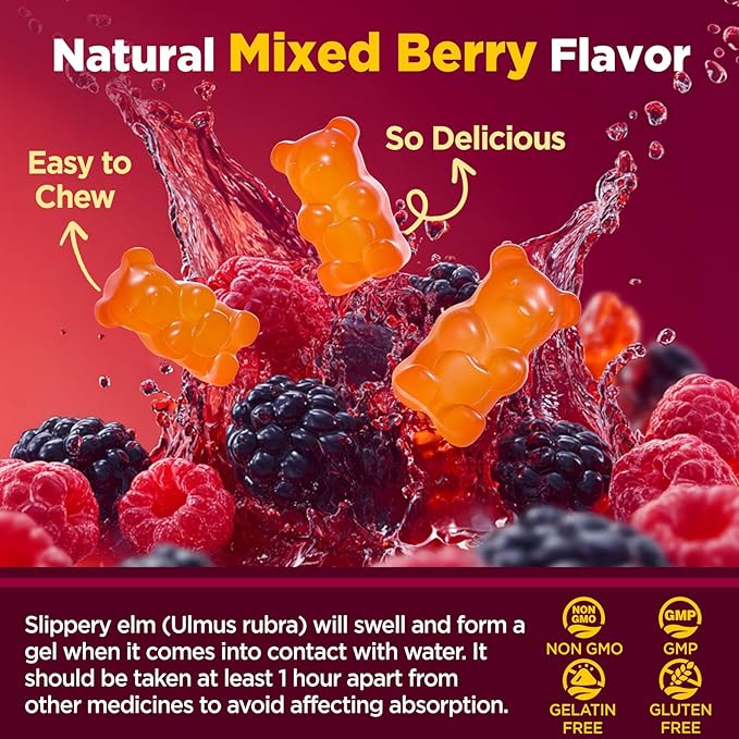 Slippery Elm for Women Gummies Organic Slippery Elm Bark Extract with Probiotics Sea Buckthorn L-Glutamine for Gut &amp Digestive Health Throat &amp Respiratory Support Sugar Free Vegan 60 Gu