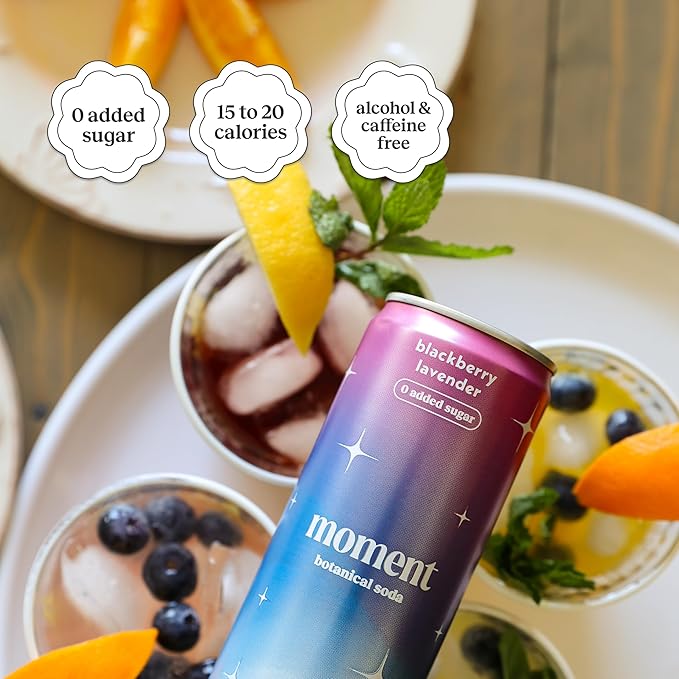 Moment Botanical Soda Soft Drink (Shark Tank) - SPARKLING Drinks | Berry Blast | L-Theanine &amp Ashwagandha for Calm &amp Clarity | 0 Added Sugar 0 Caffeine | 12-pack