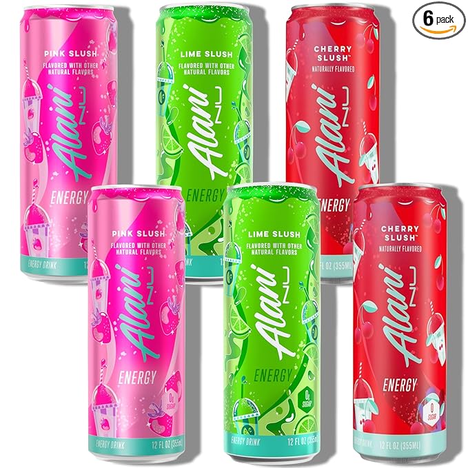 New Alani Lime Slush Pink Slush Cherry Slush Energy Drink Sugar Free - 12 fl oz Low-Calorie Energy Boost Drinks (Pack of 6)