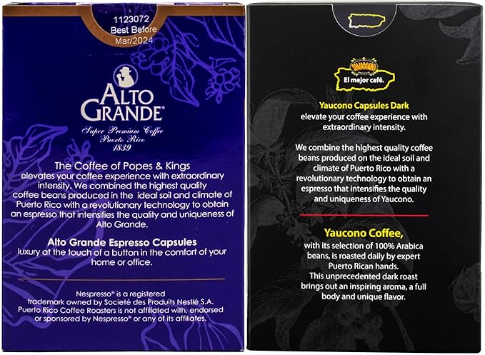 Alto Grande Super Premium and Yaucono 100 Percent Coffee From Puerto Rico Capsules Compatible with Nespresso Machines 36 Count (18 Yaucono 18 Alto Grande Grand Lares)