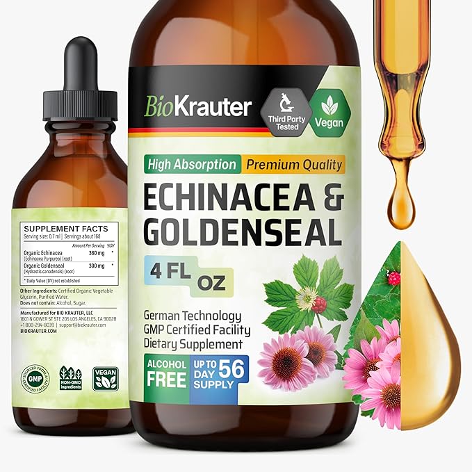 BIO KRAUTER® Echinacea Goldenseal for Immune &amp Respiratory Support - Pure Vegan Echinacea Drops with Goldenseal - Natural Respiratory Supplements 4 Fl.Oz 56-Day Supply - Alcohol &amp Sugar Free