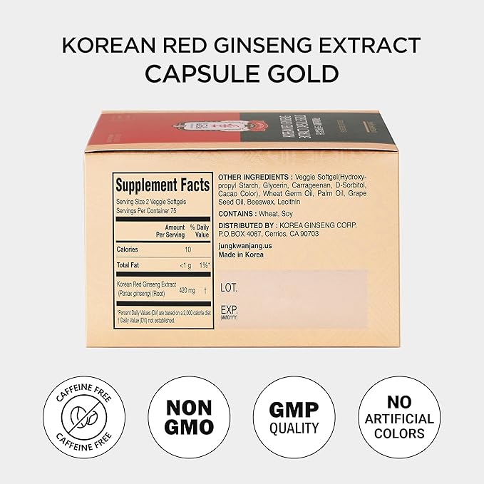 JUNG KWAN JANG Korean Red Ginseng Extract Capsule Gold - Vegan Energy Supplements - No Caffeine &amp Non-GMO (600mg 150 Capsules)