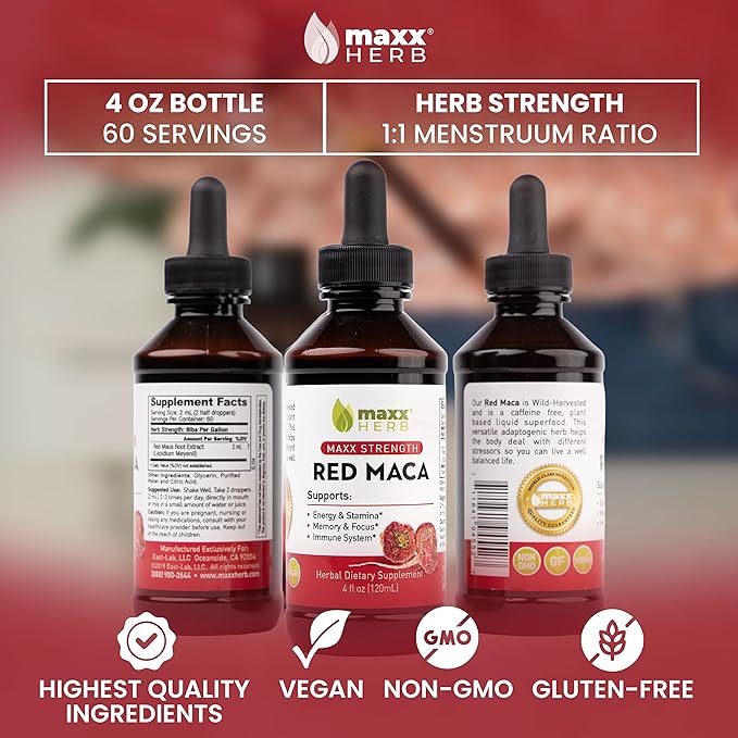 Maxx Herb Red Maca Root Extract - Max Strength Liquid Drops Absorb Better Than Powder or Capsules for Stamina Memory and Focus - Alcohol Free - 4 Bottles 4 Oz Each (240 Servings)