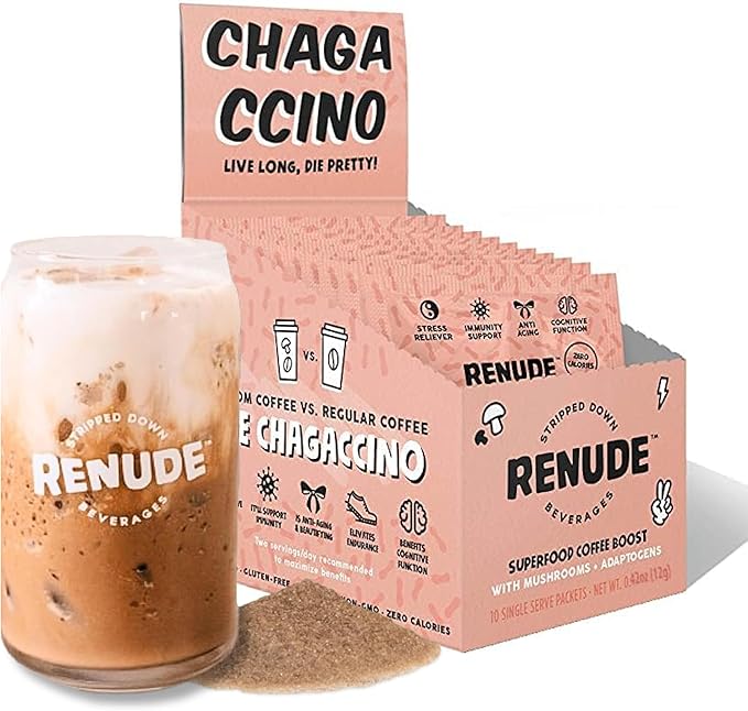 Renude Chagaccino - Chaga Mushroom Powder Mushroom Coffee Drink Mix with Adaptogens Natural Energy and Immune Support Vegan Keto Zero Calorie Mushroom Blend Powder - 10 Servings