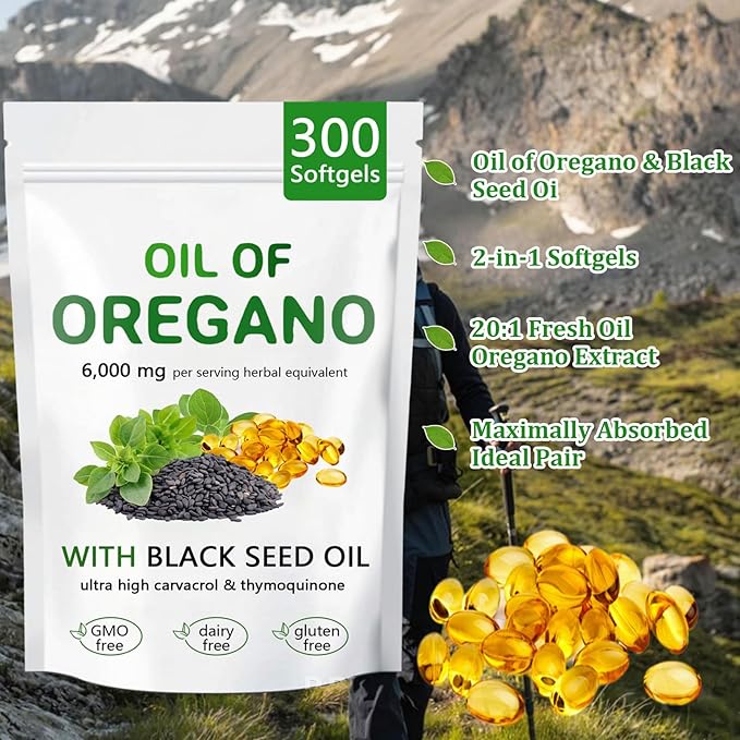 Oil of Oregano with Black Seed Oil 2 in 1 Organic Oregano Capsules for Immune Support &amp Overall Wellness Non-GMO Gluten Free 300 Softgel
