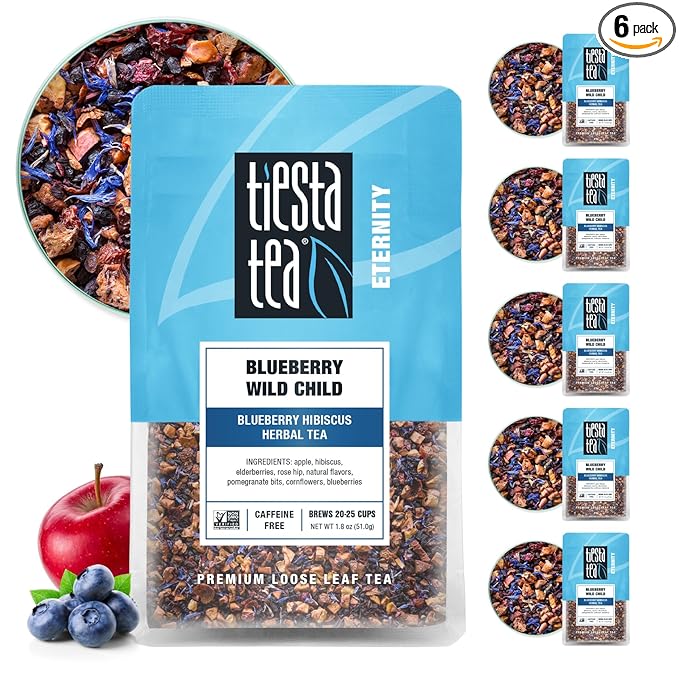 Tiesta Tea - Blueberry Wild Child Loose Leaf Blueberry Hibiscus Herbal Tea Premium Non-Caffeinated Blend Make Hot or Iced &amp Brews Up to 25 Cups 1.8oz Resealable Pouch Pack of 6
