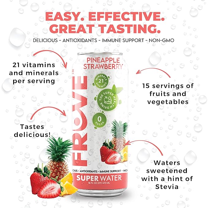 FrUve Super Water | Pineapple Strawberry Flavor | 12 16oz Cans | Healthy Drink | Zero Sugar | Low Calorie Drink | Powerful Antioxidants | Boosts Immune System | NON-GMO | The Super Health Drink