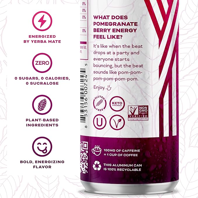 Yerbaé Energy Seltzer - Pomegranate Berry No Sugar/Calories/Carbs. Energized by Yerba Mate Naturally Caffeinated Plant-Based Healthy Alternative to Coffee Sugary Sodas Pack of 12 12oz cans
