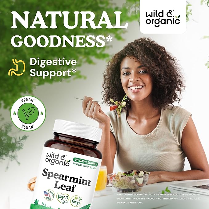Wild &amp Organic Spearmint Capsules - 1000 mg Spearmint Supplement for Digestive Support - 30 Days of Supply - 60 Leaves Extract Capsules - Vegan Non-GMO Gluten-Free No Fillers