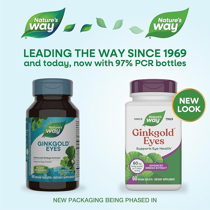 Nature's Way Ginkgold Eyes Gingko Biloba Supplements for Adults Supports Eye Health* Gluten Free 60mg Ginkgo Biloba Extract Per 2-Tablet Serving 60 Tablets (Packaging May Vary)