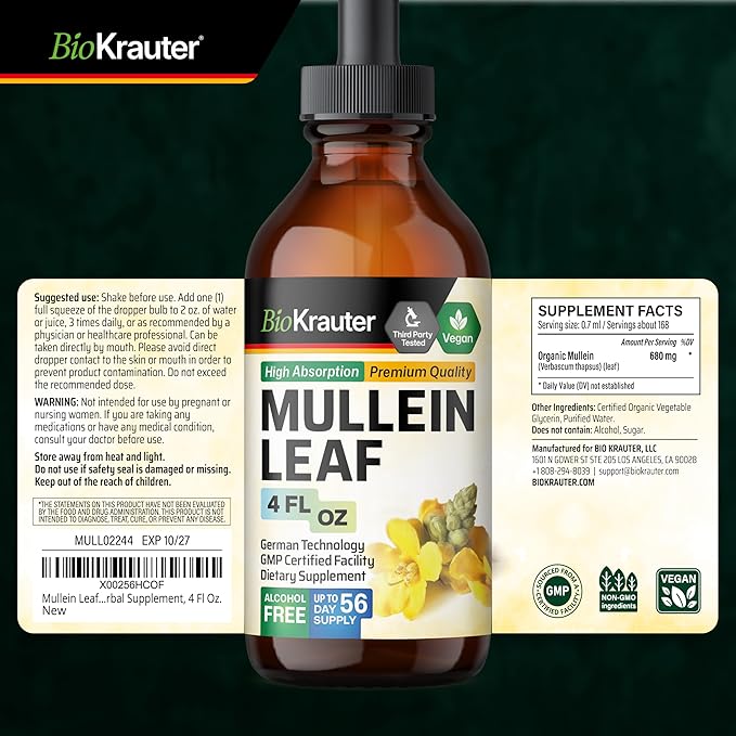 BIO KRAUTER Mullein Drops for Lungs 4 Fl. Oz - 56 Days of Supply - Pure Mullein Leaf Extract for Lung Detox &amp Cleanse - Vegan Respiratory Supplements - Non-GMO No Sugar &amp Alcohol