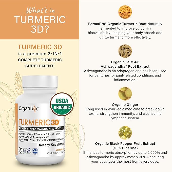 Organixx USDA Organic Turmeric Curcumin Supplement with Ashwagandha Vitamin D Turmeric &amp Ginger – Fermented for Maximum Bioavailability 60 Vegetarian Capsules