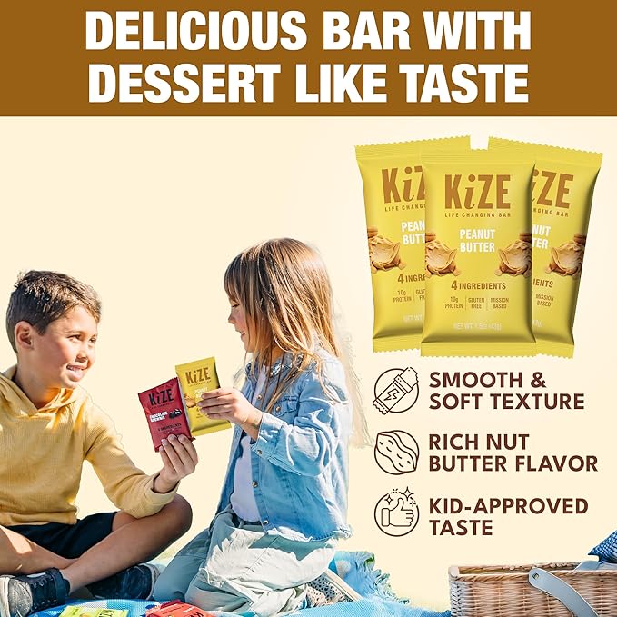 KiZE Energy Bars - Peanut Butter - 30-Count - Gluten Free Non-GMO and High Protein Meal Replacement Energy Bars Clean and Simple Food Ingredients - 10g High Protein Snacks (30 Count)