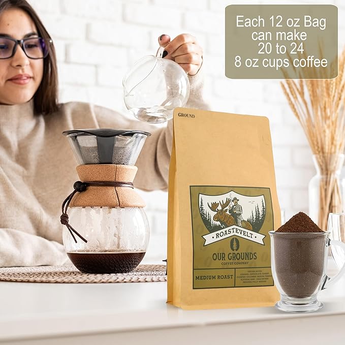 Our Grounds Coffee Roastevelt - Ground Medium Roast (100% Arabica Colombian Coffee) Non GMO- Low Acid- Single Origin - 12oz