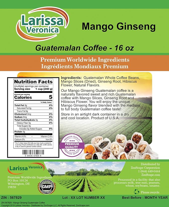 Mango Ginseng Guatemalan Coffee (Gourmet Naturally Flavored Whole Coffee Beans) (16 oz ZIN: 567829)