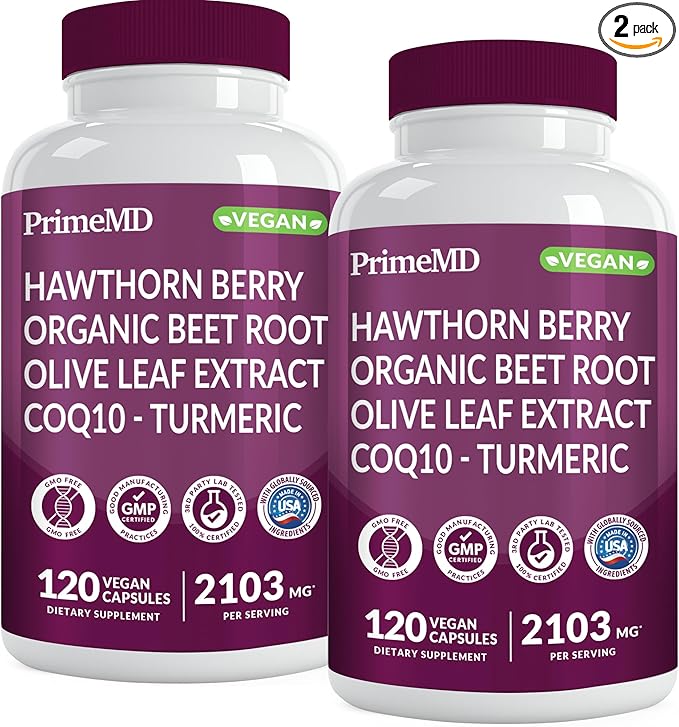 26-in-1 Nitric Oxide Supplement - Heart &amp Circulation Support with CoQ10 Turmeric Organic Beet Root Hawthorn Berry &amp Garlic - 2103mg per Serving (120ct Pack of 2)