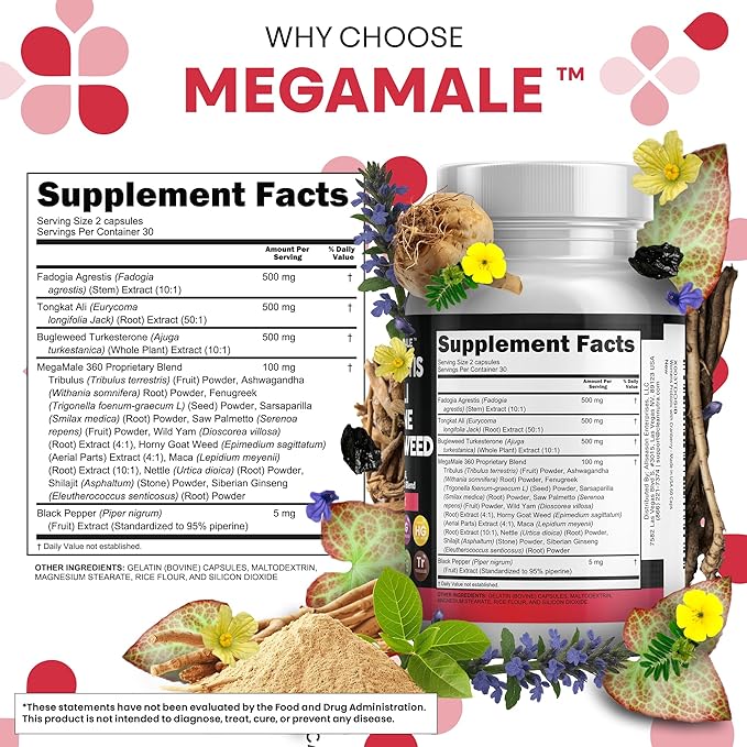 Clean Nutraceuticals Fadogia Agrestis Tongkat Ali Turkesterone Supplement with Horny Goat Weed Saw Palmetto Maca Root Siberian Ginseng Tribulus Terrestris Fenugreek Wild Yam - 60 Count