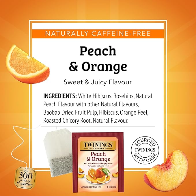Twinings Peach &amp Orange Herbal Tea Individually Wrapped Bags 20 Count (Pack of 6) Juicy &amp Fruity Naturally Caffeine-Free Enjoy Hot or Iced 120 Teabags