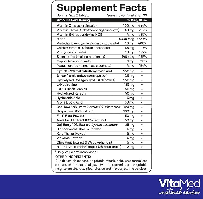 VitaMed Hair Skin &amp Nails – Biotin 5000 mcg Collagen OptiMSM Keratin Hyaluronic Acid &amp Silica | Supports Hair Growth Radiant Skin Strong Nails | Halal Non-GMO Gluten-Free – 60 Beauty