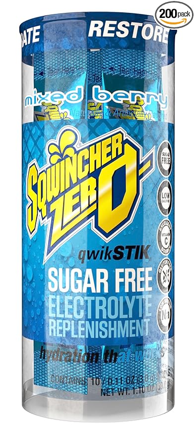Sqwincher Zero Qwik Stik Sugar Free Mixed Berry Low Calorie Low Sodium Electrolyte Powder Hydration Drink Mix .11 oz Packet (Pack of 200)
