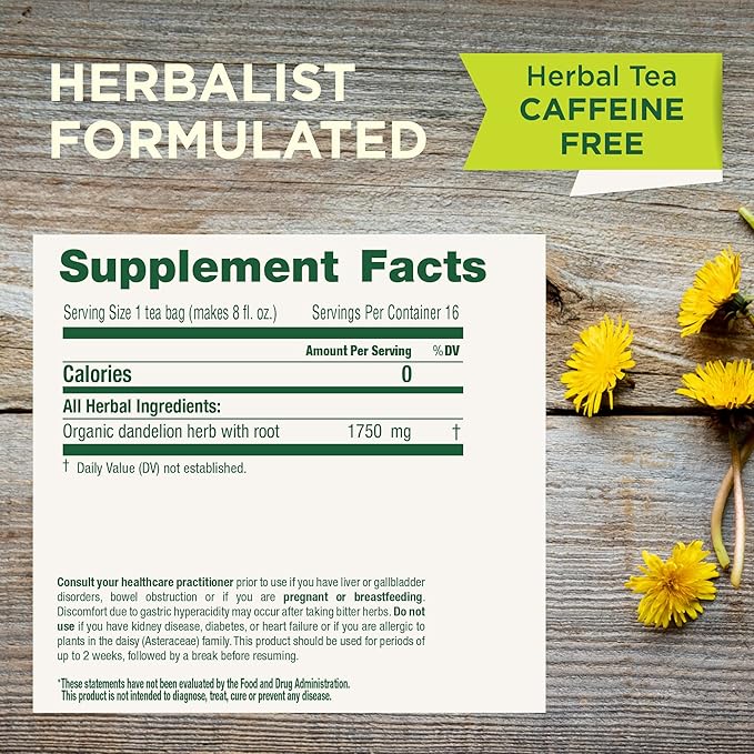Traditional Medicinals Organic Dandelion Leaf &amp Root - Dandelion Root Tea Supports Normal Detox + Digestion - Kosher Non-GMO Caffeine-Free Compostable - 96 Tea Bags (6 Packs of 16)