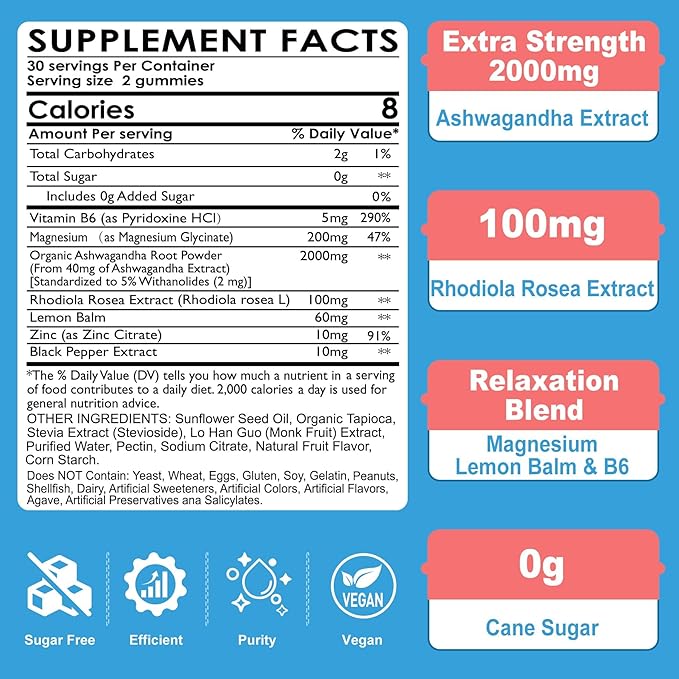 Ashwagandha Gummies Magnesium Glycinate Gummies 2000mg for Adults Vitamin B6 Zinc Rhodiola Rosea Lemon Balm Relaxation Support Natural Zzz Brain Muscle Stamina Energy Sugar Free