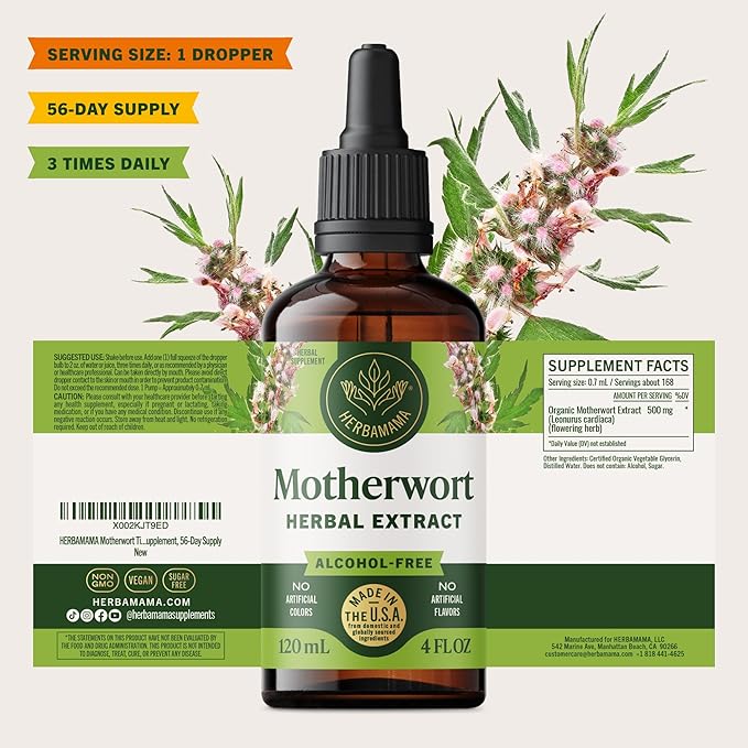 HERBAMAMA Motherwort Tincture - Vegan Motherwort Herb Extract Calming Drops for Women's Support - Non-GMO Alcohol &amp Sugar-Free Liquid Relaxation Supplement 56-Day Supply