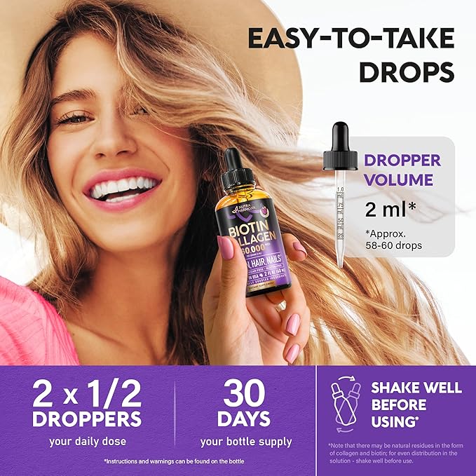 Liquid Biotin &amp Collagen 60000 mcg - Vitamins for Hair Growth Support - Extra Strength Drops for Women &amp Men - Liquid Collagen Supplement - Strong Nails &amp Healthy Skin - Made in USA - 2 F