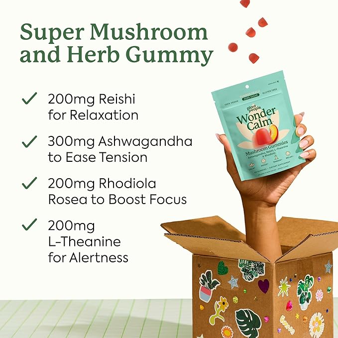 Plant People WonderCalm Mushroom Gummies - Natural Ashwagandha Supplement to Ease Stress &amp Boost Mood for Adults Without Sugar Gluten or Artificial Colors Vegan-Friendly Peach Flavor 60 Count