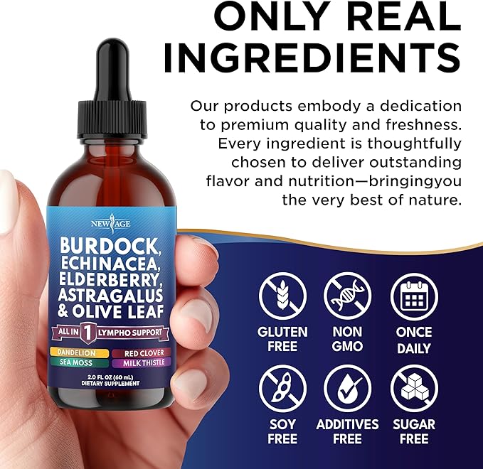 NEW AGE Lymphatic Drainage Supplement - Burdock Lymphatic Support Drops - Burdock Root Mullein Echinacea Elderberry Dandelion Astragalus Milk Thistle Red Clover - 8 oz