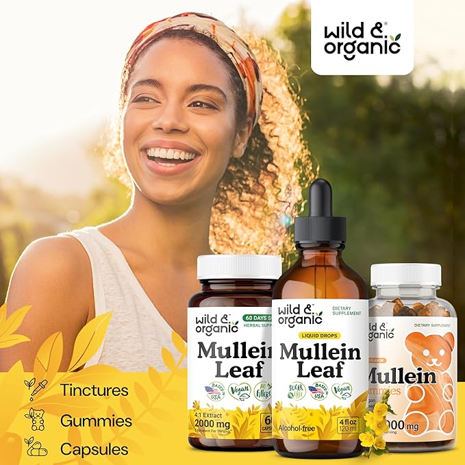 Wild &amp Organic Mullein Drops for Lungs - Herbal Cleanse and Detox - Liquid Mullein Leaf Extract for Lungs with Echinacea - Verbascum Thapsus Tincture - Vegan Sugar &amp Alcohol-Free Supplement -