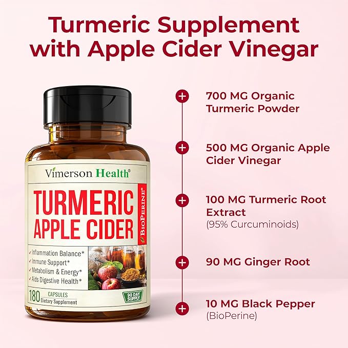 Organic Apple Cider Vinegar with Turmeric Curcumin Supplement &amp Ginger for Digestive Health Metabolism Energy &amp Joint Support – Organic Turmeric &amp Apple Cider Vinegar Capsules – 180 Vega