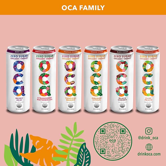 OCA ZERO Pure Peach Organic energy drink zero sugar gluten-free vegan plant-based 12 Fl Oz (12-pack)