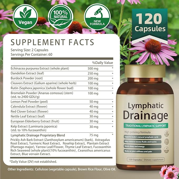 Lymphatic Drainage Capsules 120 Capsules New Maximum Potency Formula 2 Month Supply with Dandelion Extract Cleavers Extract - Supports Cellulite Reduction Lymphatic Drainage &amp Immune Health
