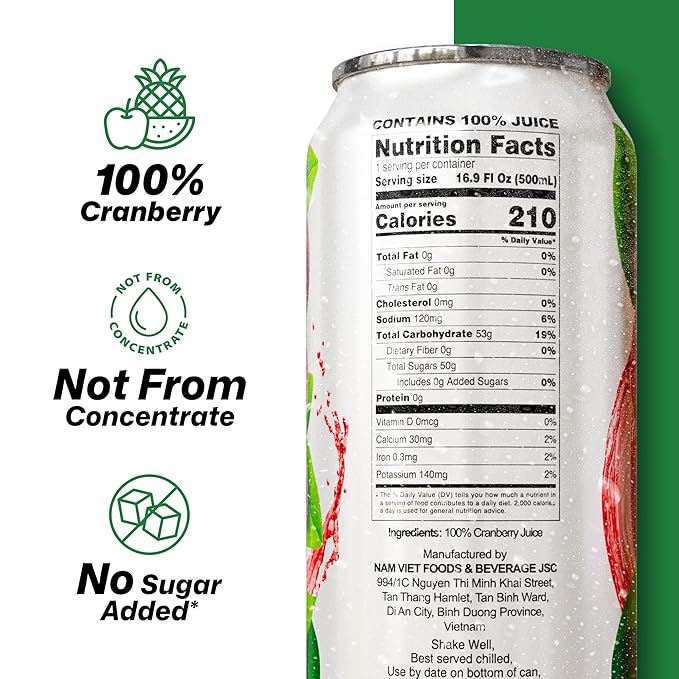 VINUT 100% Cranberry Juice No Added Sugar Not From Concentrate 16.9 fl oz (500 mL) Can Pack of 12