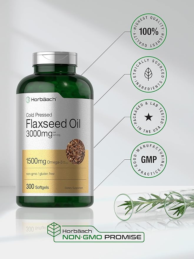 Horbäach Flaxseed Oil Softgel Capsules 3000mg | 300 Count | High Potency | with Omega 3 6 9 | Non-GMO Gluten Free | Cold Pressed Flax Seed