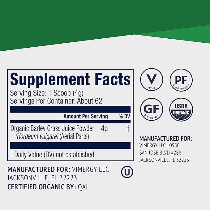 Vimergy Barley Grass Juice Powder Dietary Supplement - 0.8g per Serving (312 Servings) – Clean Superfood Formula – Promotes Cardiovascular Health* – Organic Vegan &amp Gluten-Free – Regular Size 250