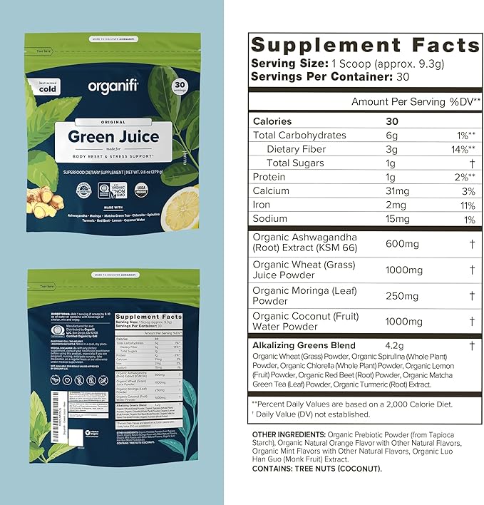 Organifi Green Juice - Powder Supplement with Organic Spirulina Ashwagandha and Chlorella - Helps Achieve Fitness Goals and Reduce Cortisol Levels - 6 Pack