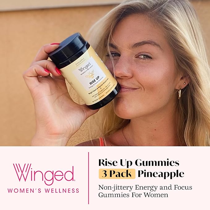 Winged Wellness Rise Up Energy &amp Focus Gummies for Women - Daily Brain Boost Gummy Supplement with Natural Caffeine Ashwagandha B12 Nootropics Alpha-GPC &amp Lion’s Mane - Pineapple 180 Gumm