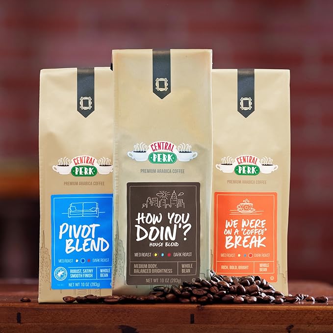 Central Perk Whole Bean Variety Pack - 100% Arabica Coffee Beans Includes Medium Medium Dark &amp Dark Roast Blends How You Doin Pivot &amp We Were On a Coffee Break 3 x 10oz Bags