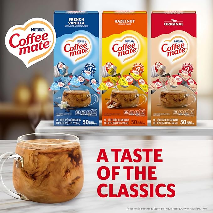 Nestle Coffee mate Creamer Singles Variety Pack Original French Vanilla Hazelnut Non Dairy No Refrigeration 150 Count (Pack of 3)