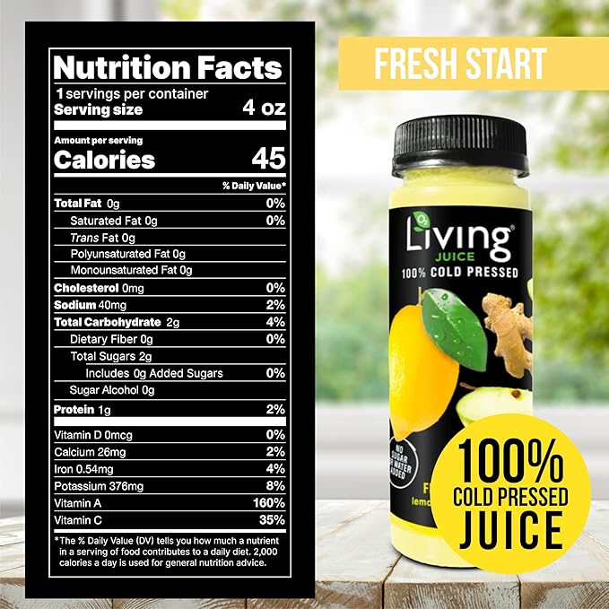 O2 Living Juice Cold Pressed Drink - Fresh Start Organic Juice Pack - No Added Sugars or Water Naturally Sweetened from Fruits Rich in Nutrients &amp Vitamins - Refreshing &amp Non-GMO - 4 fl oz