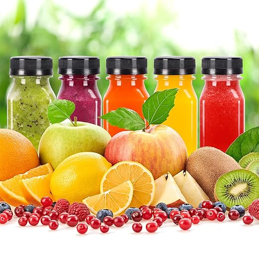 BAKHUK 108pcs 4oz 8oz 16oz Mini Plastic Juice Bottles with Caps Empty Reusable Clear Bulk Beverage Containers for Juice Milk and Other Beverages