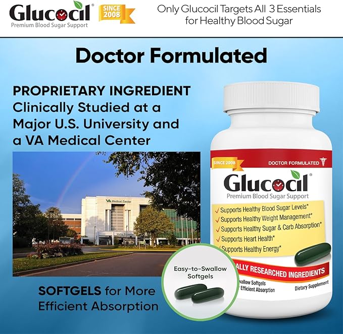 Glucocil – Softgels - Premium Blood Sugar Support - Over 2 Million Bottles Sold - Supports All 3 Blood Sugar Essentials - Since 2008 with Berberine Proprietary Mulberry Leaf and More 3-Pack